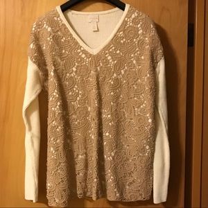 Cream sweater with beige lace overlay